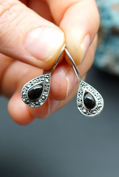 925 Ayar Gümüş Oltu Taşı Kadın Küpe skü00024 ürün görseli 1