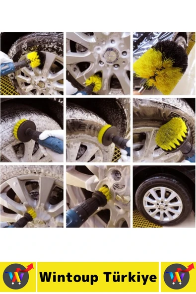 Premium Banyo Küvet Fayans Mutfak Oto Koltuk Tekerlek Matkap Ucuna Takılan 3'lü Temizlik Fırça Seti - Resim 3