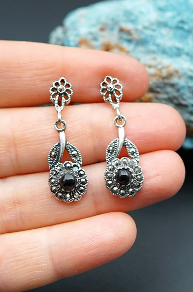 925 Ayar Gümüş Oltu Taşı Kadın Küpe skü00023 - Resim 3