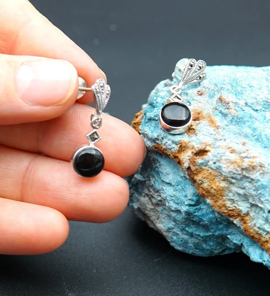 925 Ayar Gümüş Oltu Taşı Kadın Küpe skü00022 - Resim 2