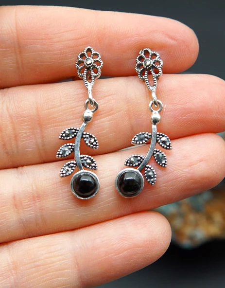 925 Ayar Gümüş Oltu Taşı Kadın Küpe skü00020 - Resim 2