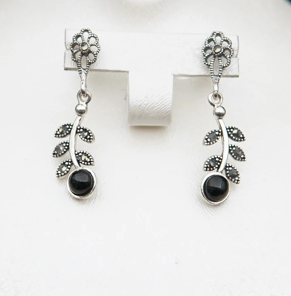 925 Ayar Gümüş Oltu Taşı Kadın Küpe skü00020 - Resim 4