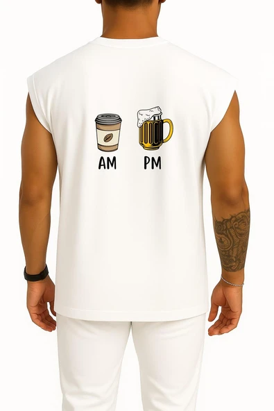 Oversize Sabah Kahve Akşam Beer Göğüs ve Sırt Tasarımlı Atlet - Resim 2