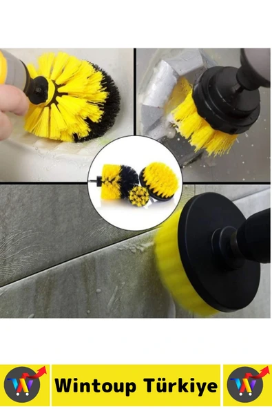 Premium Banyo Küvet Fayans Mutfak Oto Koltuk Tekerlek Matkap Ucuna Takılan 3'lü Temizlik Fırça Seti - Resim 4