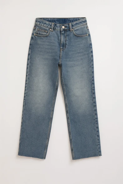 Kadın %100 Pamuk Wide Leg Paçası Kesik Jean Pantolon - Resim 2