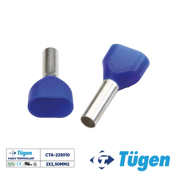 Tügen 2x2,50mm2 Çift Girişli İzoleli Yüksük Mavi ( 1 Kutu 250 Adet ) ürün görseli 1
