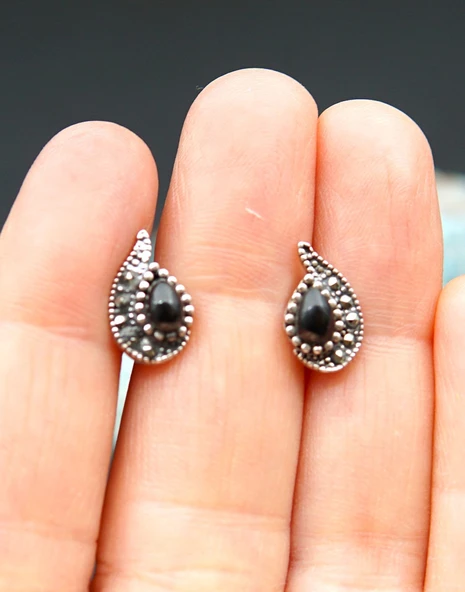 925 Ayar Gümüş Oltu Taşı Kadın Küpe skü00025 - Resim 2