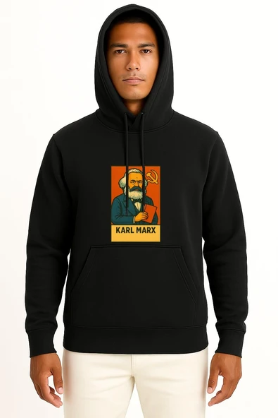 Kapüşonlu Karl Marx Sosyalizm Göğüs Tasarımlı Unisex Sweatshirt - Resim 9