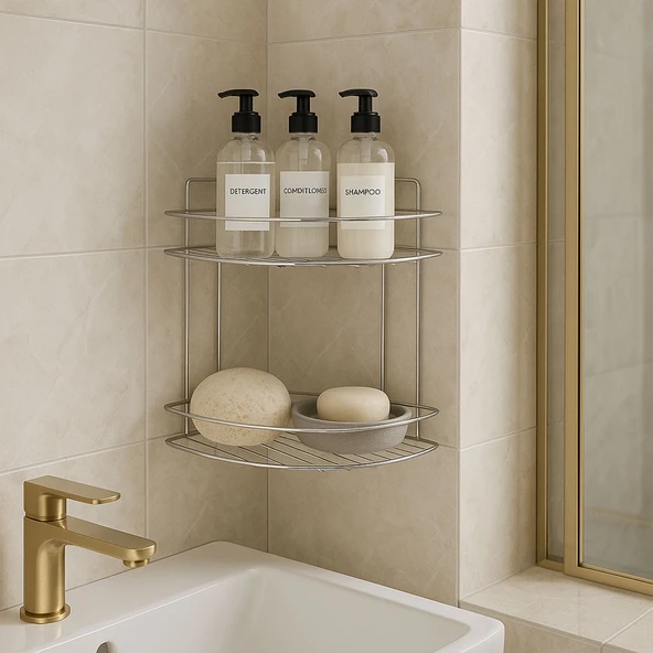 İki Katlı Krom Banyo Duş Köşe Rafı Paslanmaz Metal Şampuanlık Duvar Montajlı Düzenleyici Raf Seti - Resim 2