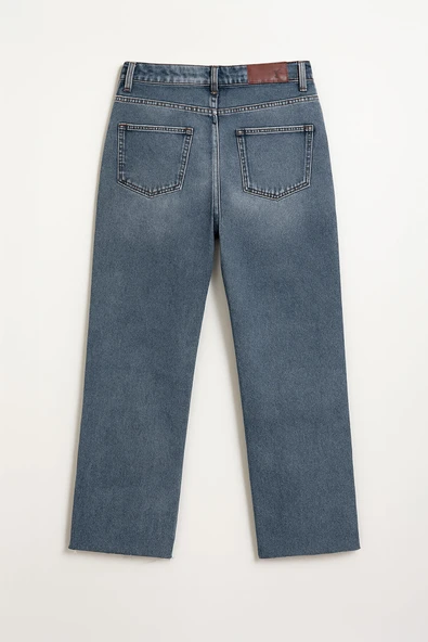 Kadın %100 Pamuk Wide Leg Paçası Kesik Jean Pantolon - Resim 3