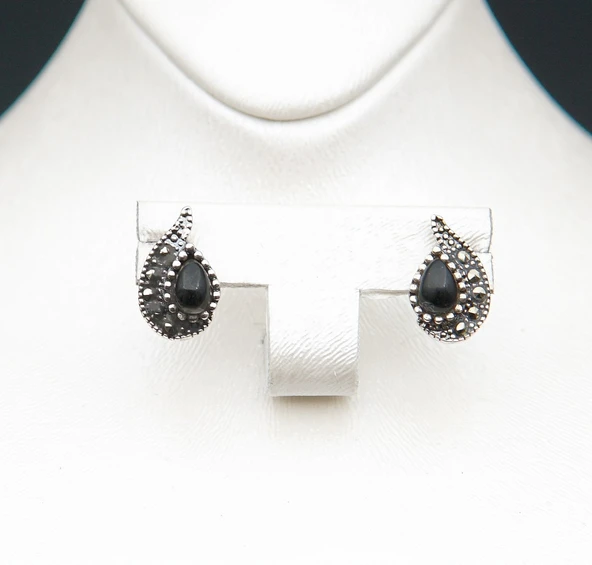 925 Ayar Gümüş Oltu Taşı Kadın Küpe skü00025 - Resim 3