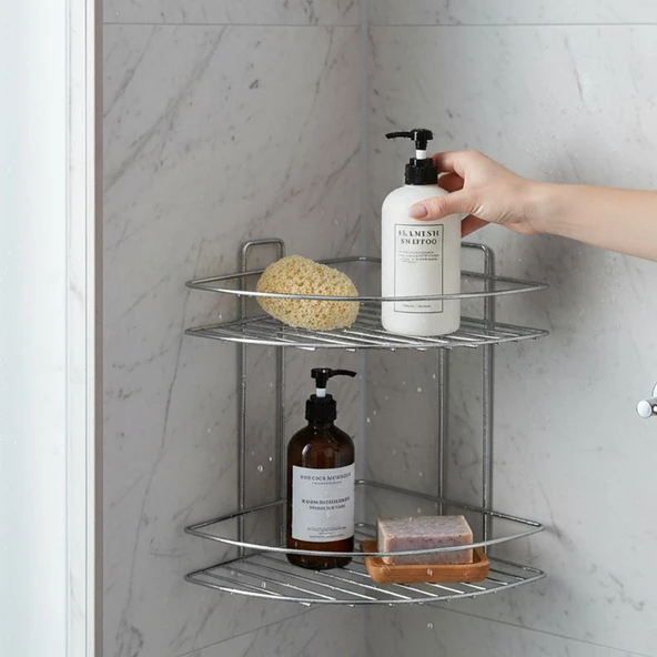 İki Katlı Krom Banyo Duş Köşe Rafı Paslanmaz Metal Şampuanlık Duvar Montajlı Düzenleyici Raf Seti - Resim 7
