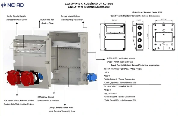 NEAD Kombinasyon Kutusu 2 Adet 3x25 Trifaze Priz + 2 Adet 1x16 Monofaze Priz Montajlı Kombinasyon Panosu - Resim 6