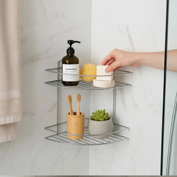 İki Katlı Krom Banyo Duş Köşe Rafı Paslanmaz Metal Şampuanlık Duvar Montajlı Düzenleyici Raf Seti - Resim 6