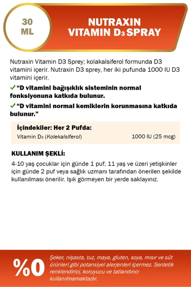 Nutraxin Vitamin D3 Sprey 1000 IU 30 ml 2 Adet - Resim 2
