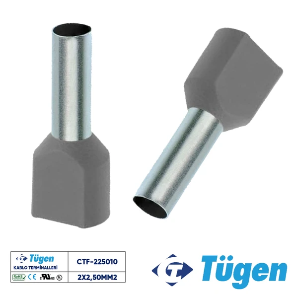 Tügen 2x2,50mm2 Çift Girişli İzoleli Yüksük Gri ( 1 Kutu 250 Adet ) ürün görseli 1