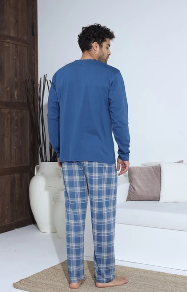 ERKEK UZUN KOLLU PENYE PİJAMA TAKIMI-LARGE LACİVERT - Resim 3