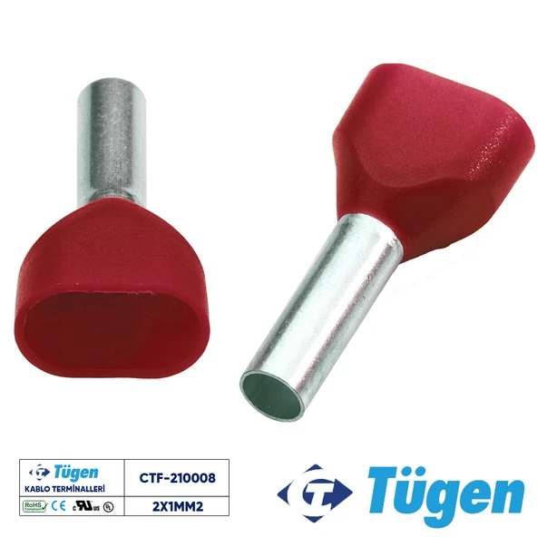 Tügen 2x1,00mm2 Çift Girişli İzoleli Yüksük Kırmızı ( 1 Kutu 500 Adet ) ürün görseli 1