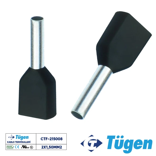 Tügen 2x1,50mm2 Çift Girişli İzoleli Yüksük Siyah ( 1 Kutu 500 Adet ) ürün görseli 1