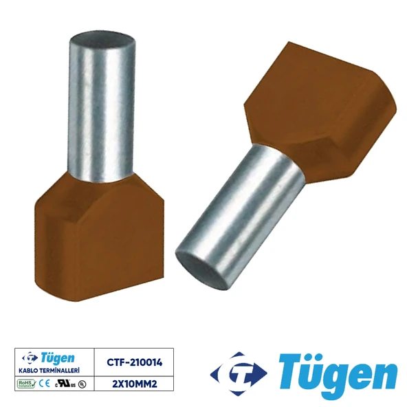 Tügen 2x10,00mm2 Çift Girişli İzoleli Yüksük Kahverengi ( 1 Kutu 100 Adet ) ürün görseli 1