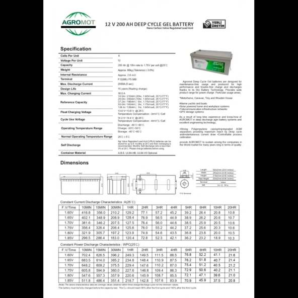 Agromot 12V 200Ah Jel Akü - 2