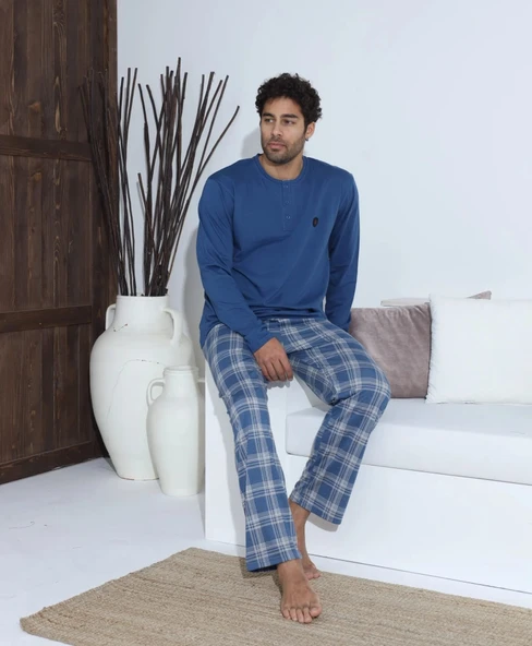 ERKEK UZUN KOLLU PENYE PİJAMA TAKIMI-MEDIUM LACİVERT ürün görseli