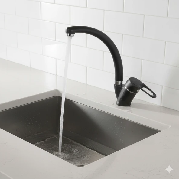 Sema 40 mm Kısa Kuğu Borulu Eviye Mix Mutfak Bataryası (Siyah)  Şıklık ve Ergonomi Mutfağınızda ürün görseli