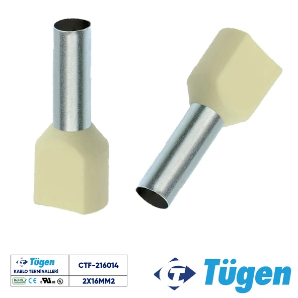 Tügen 2x16,00mm2 Çift Girişli İzoleli Yüksük Bej ( 1 Kutu 50 Adet ) ürün görseli 1