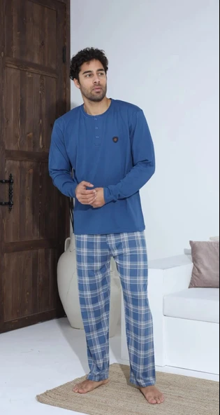 ERKEK UZUN KOLLU PENYE PİJAMA TAKIMI-MEDIUM LACİVERT - Resim 2