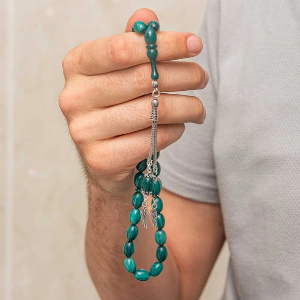 Gümüş Püsküllü Sıkma Kehribar Tesbih  SL12594 - Resim 8