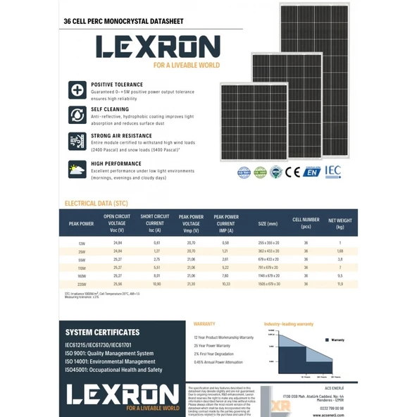 Lexron 220W Monokristal Güneş Paneli - 2