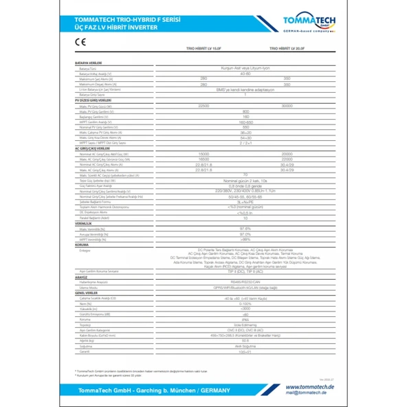 TommaTech Trio Hibrit F Serisi 20kW LV Hibrit İnverter - 3