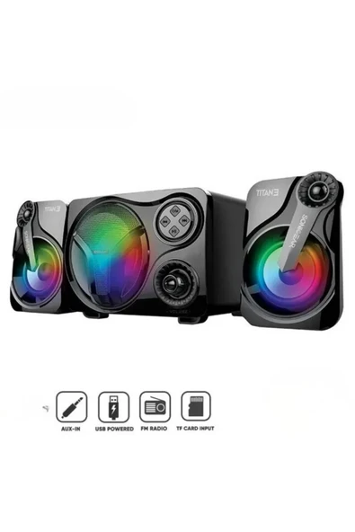 Leerfei SP-60 2.1 Bluetooth Hoparlör Sistemi | RGB Işıklı Subwoofer ve Uydu Hoparlörler | USB, TF Kart, FM Destekli