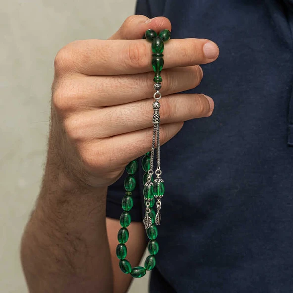 Gümüş Püsküllü Yeşil Ateş Kehribar Tesbih SL12501 - Resim 4