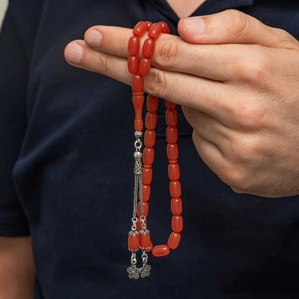 Gümüş Püsküllü Kapsül Kesim Sıkma Kehribar Tesbih SL12597 - Resim 3