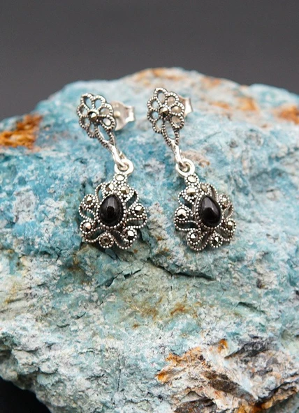 925 Ayar Gümüş Oltu Taşı Kadın Küpe skü00028 ürün görseli 1