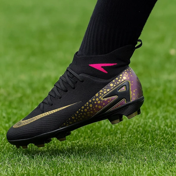 Siyah Altın Detaylı Çim Saha Futbol Ayakkabısı – Profesyonel Krampon 610