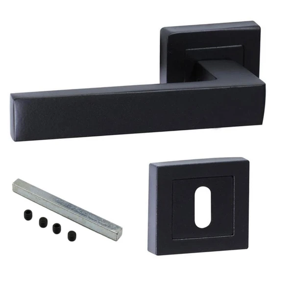 Kare Rozetli Oda Kapı Kolu Mat Siyah Metal Sağa Sola Uygun (1 TAKIM) - Resim 4