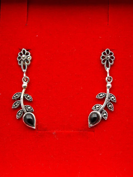 925 Ayar Gümüş Oltu Taşı Kadın Küpe skü00027 - Resim 2