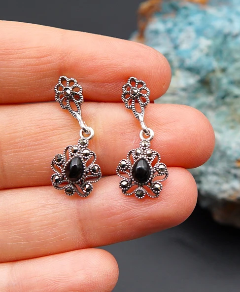 925 Ayar Gümüş Oltu Taşı Kadın Küpe skü00028 - Resim 3