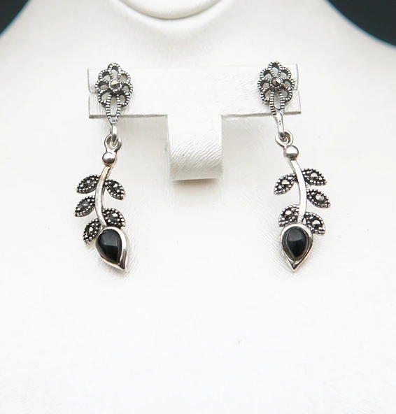 925 Ayar Gümüş Oltu Taşı Kadın Küpe skü00027 - Resim 3