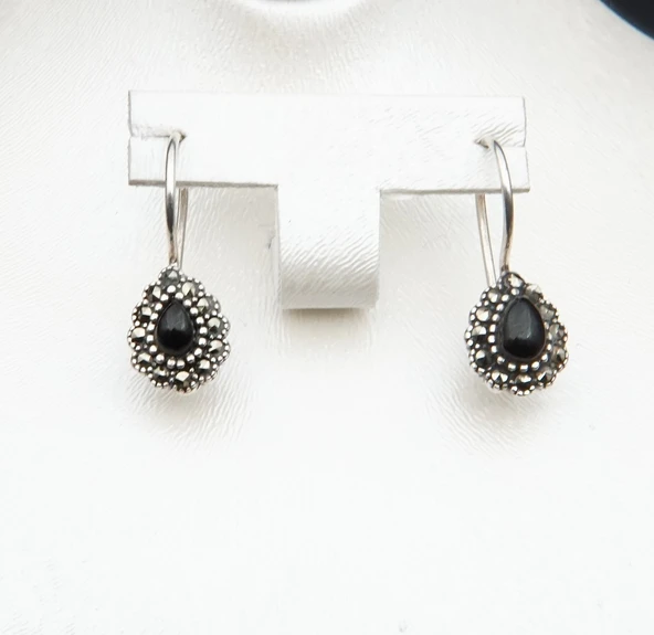 925 Ayar Gümüş Oltu Taşı Kadın Küpe skü00026 - Resim 4