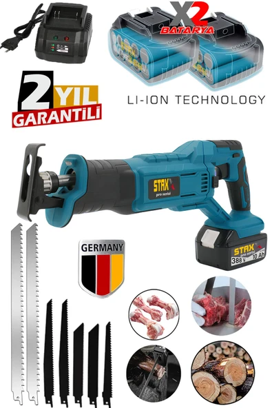 Stax Kömürsüz Motor Yüksek Performans 388VF 10Ah Çift Akülü Şarjlı Tilki Kuyruğu Testere Ahşap Metal ürün görseli