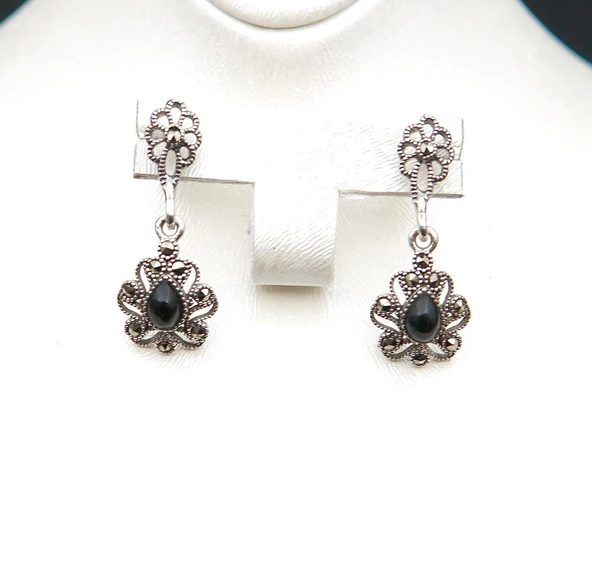 925 Ayar Gümüş Oltu Taşı Kadın Küpe skü00028 - Resim 5