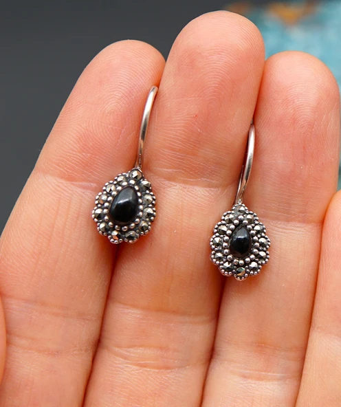 925 Ayar Gümüş Oltu Taşı Kadın Küpe skü00026 - Resim 3