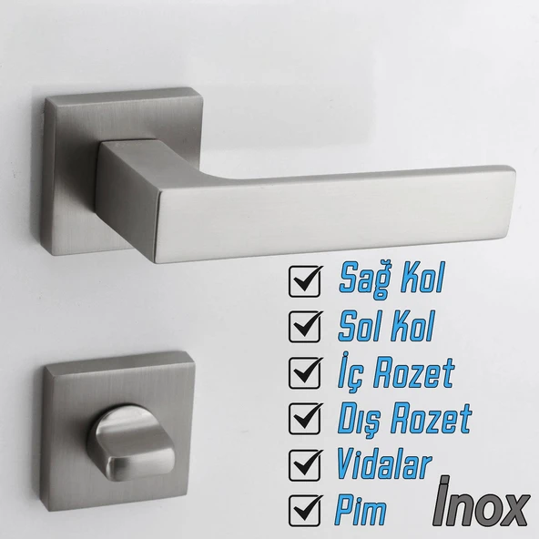 Wc-Banyo Kapı Kolu Kare Rozetli İNOX Sağa Sola Uygun İç Dış Kapısı Kilitlenebilir 1 Takım - Resim 3