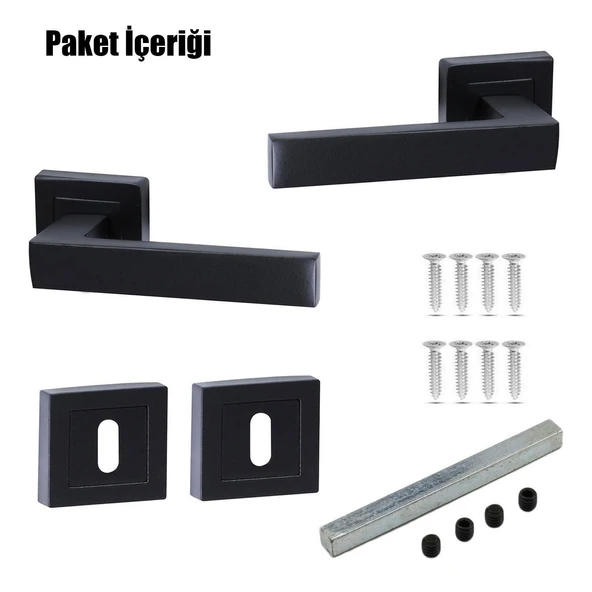 Kare Rozetli Oda Kapı Kolu Mat Siyah Metal Sağa Sola Uygun (1 TAKIM) - Resim 2