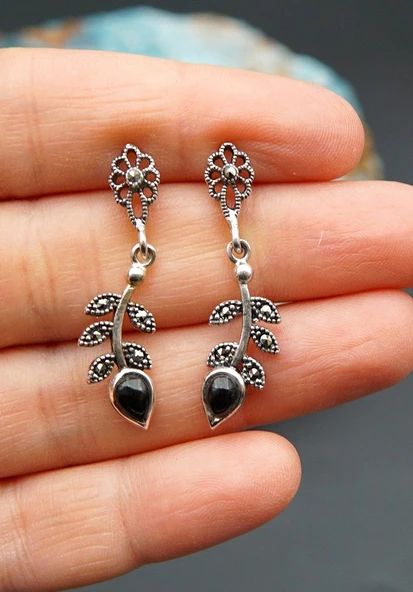 925 Ayar Gümüş Oltu Taşı Kadın Küpe skü00027 ürün görseli 1