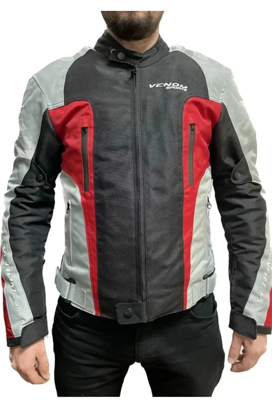 VENOM Air Racing Açık Gri Siyah Kırmızı Motosiklet Montu - 2