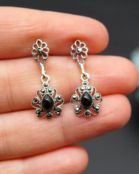 925 Ayar Gümüş Oltu Taşı Kadın Küpe skü00028 - Resim 2